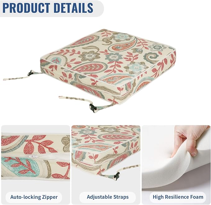Outdoor Seat Cushions 19 x 19 x 3 Inch, Water Repellent Patio Chair Foam Cushions with Straps, Outdoor Cushions for Patio Furniture Garden Sofa, Set of 2, Paisley Vintage - Image 5