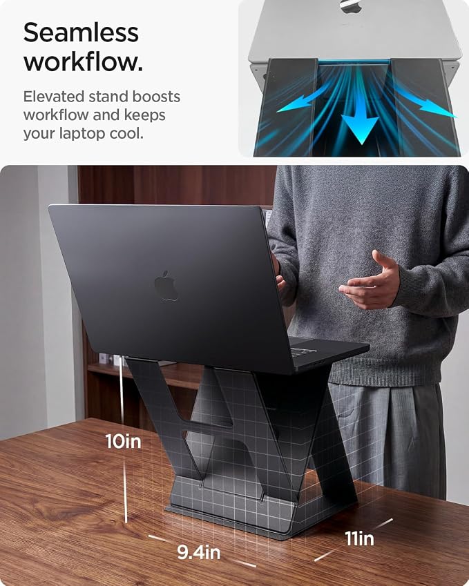 Spigen Slim Fold Portable Standing Desk Laptop Stand Foldable | Ergonomic Angle Lift Anti-Slip for MacBook Neo, MacBook Air, MacBook Pro 11"-16" and iPad/Air/Pro and More - Black - Image 8