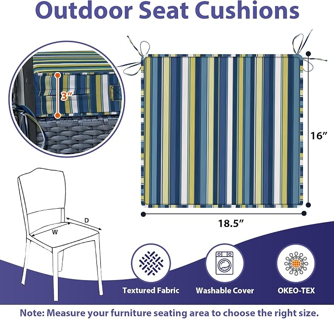 IPYNBAP Outdoor Chair Cushions Set of 4 -Waterproof Outdoor Seat Cushions for Patio Furniture, Patio Chair Cushion with Handle and Ties, Out Door Chair Pads,18.5x16x3-Square, Blue Stripe - Image 6