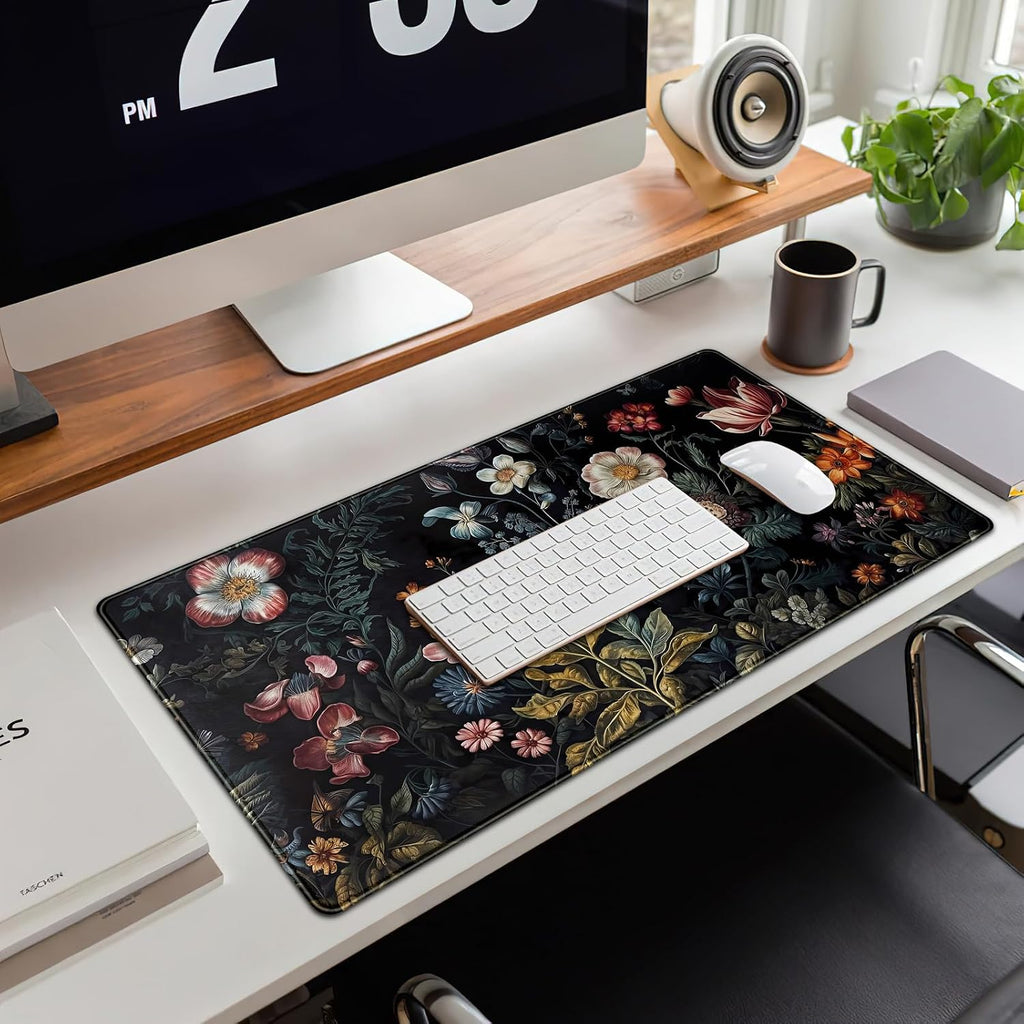 Floral Desk Mat Dark Vintage Aesthetic Desk Pad Flower Plant Black Extended Mouse Pad Large Gaming Mousepad XXL Laptop Computer Mouse Keyboard Mat 31.5 x 15.7 in for Office Desk Decor - Image 4