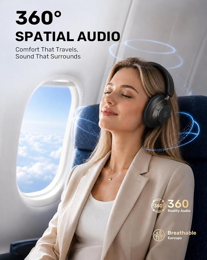 Boean Active Noise Cancelling Headphones, Bluetooth 6.0 Wireless Over Ear Headphones with 120H Playtime, 360° Spatial Audio & 5 ENC Mics, Soft Memory Foam, Transparency Mode for Office Travel Gaming - Image 4