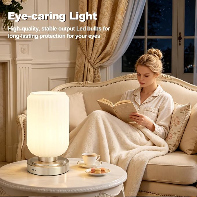LightRound Cordless Table Lamp for Bedroom, Touch Stepless Dimmable | 7500mAh Rechargeable Battery, White Glass Shade, Nickel Gold Base, Bulb Included, Modern Wireless Lamp for Desk, Living Room - Image 4
