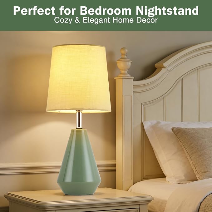 Small Bedside Table Lamp for Bedroom - Reading Desk Lamp with 3 Color Temperatures，15.5" Nightstand Ceramic Lamp with Fabric Shade for Kids Room,Living Room,Dorm,Home Office (Green) - Image 3