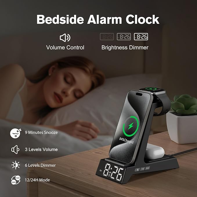 ANJANK 4 in 1 Wireless Charging Station Alarm Clock, Charging Dock for Apple Devices, Charger Stand for iPhone 17 Air 16 15 14 13 12 Series for Apple Watch 11 10 9 8 7 6 5 UItra/SE & AirPods, Dimmable - Image 3