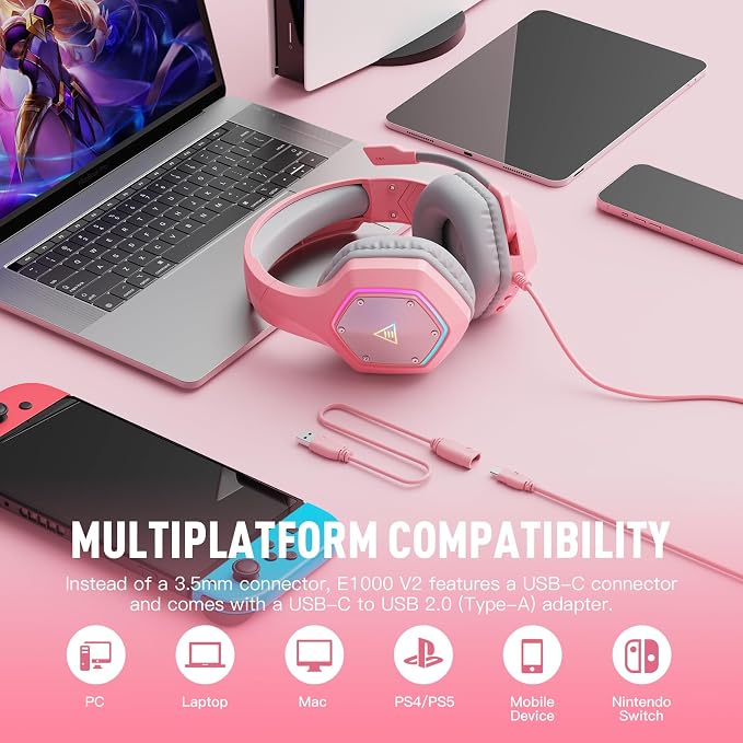 EKSA E1000 V2 Gaming Headset, PC Headset with USB C Plug, Wired Headphones with Noise Canceling Microphone, 7.1 Surround Sound, RGB Light, include USB Adapter for Computer,Mac, PS4/PS5 Console, Laptop - Image 6