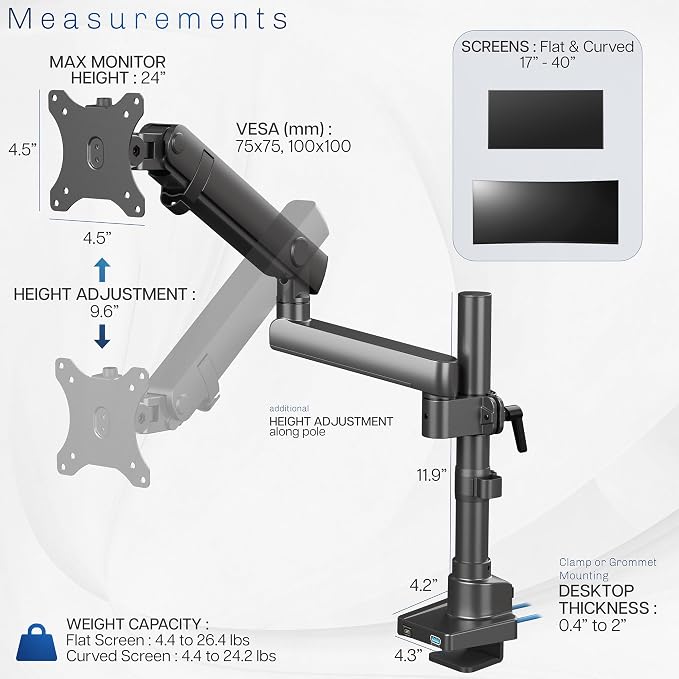 VIVO Premium Aluminum Full Motion Single Monitor Desk Mount Stand with Lift Engine Arm, Pole Extension, and USB Ports, Fits Screens up to 40 inches, STAND-V101BDU - Image 5
