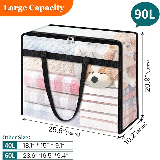 TasticTotes 8 Pack Clear Storage Bags for Comforter, Clothes & Bedding, 90L | Plastic Blanket Storage with Zipper & Handle, Foldable Moving Bags, Closet Organizer and Under-Bed Storage Containers - Image 2