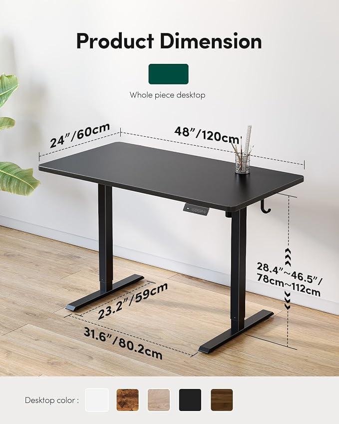 CubiCubi 48 x 24 Large One-Piece Electric Adjustable Standing Desk, Black | Height Adjustable Electric Computer Home Office Sit Stand up Workstation, with Memory Presets, Headphone Hook - Image 2