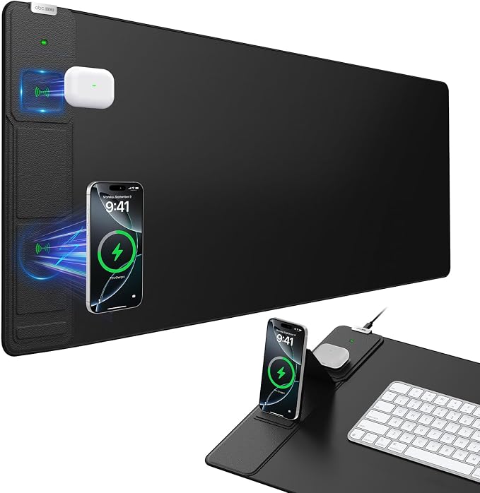Wireless Charging Mouse Pad with Foldable Phone Holder, 31.5"x15.8", Black | Large Desk Mat for Laptop/Keyboard, Waterproof Ultra-Smooth Surface, Non-Slip Base by abcmat