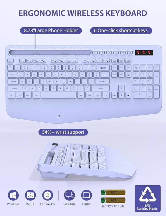 Wireless Keyboard and Mouse Combo, Full Size, Ergonomic Wrist Rest | 2.4G Lag-Free, 3-Level DPI, Phone Holder, Silent Typing, KM23D Batteries Powered Set for PC, Laptop, Windows, macOS (Purple) - Image 6