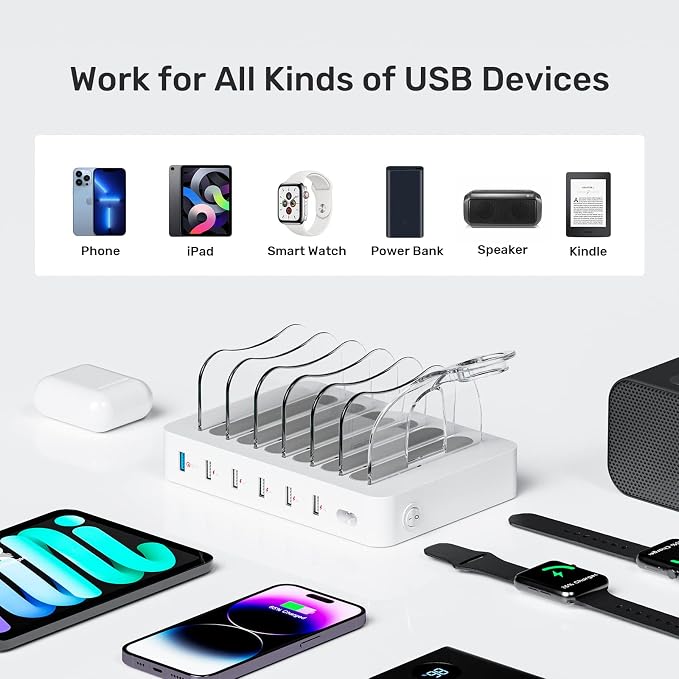 Unitek Fast Charging Station for Multi Devices, 6 Ports Charger with QC 3.0 | USB Charging Dock for Phone/Tablet/iPad/Electronics, 60W Charging Station Organizer with 7 Charging Cables, Quick Charge - Image 3