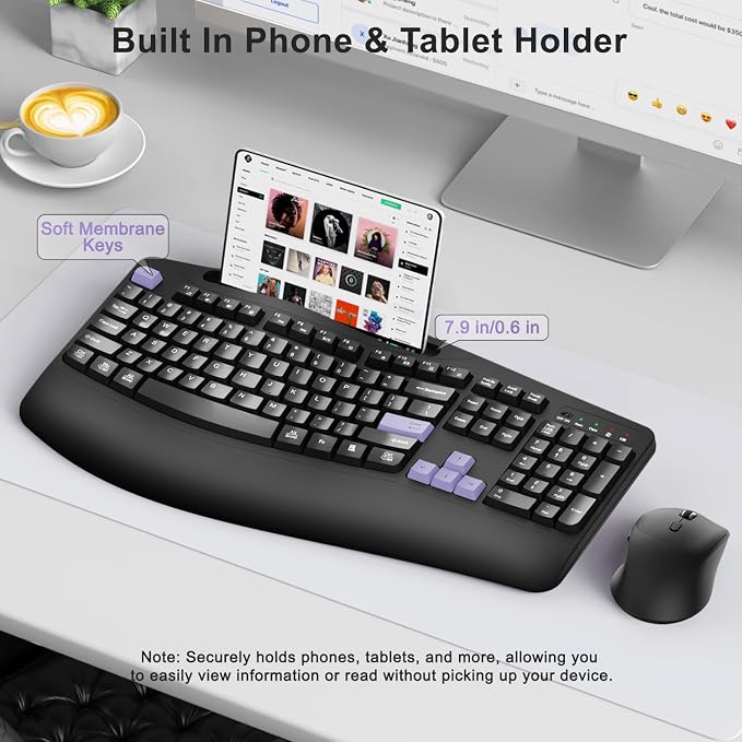 Wireless Keyboard and Mouse Combo, Full Size Ergonomic Wave Keys(Purple-B) | 2.4G Ergonomic Keyboard with Wrist Rest, Phone Holder, 3-Level DPI Silent Mouse with 6-Buttons, for Windows/Mac OS/Laptop/PC - Image 3