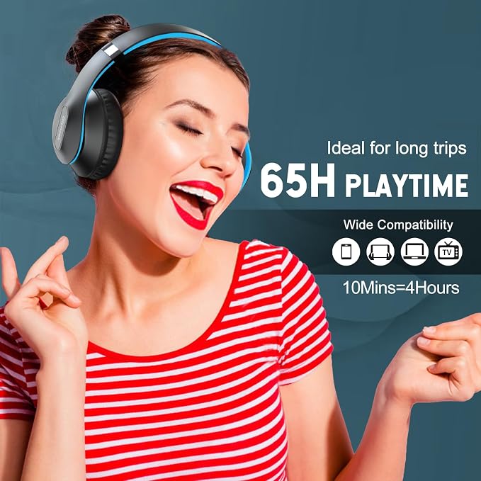 Wireless Bluetooth Headphones Over Ear V6.0 HiFi Stereo with Mic | 65H Playtime 6EQ Modes Foldable Bluetooth Headset with Microphone for Travel Smartphone Computer Laptop Blue - Image 5