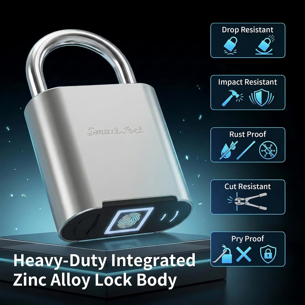 Biometric Fingerprint Padlock with Backup Electronic Key, Heavy Duty Smart Lock for Gym Locker, IP66 Waterproof Outdoor Padlock, Keyless Anti-Theft Lock for School, Gate, Toolbox & Athletes - Image 3