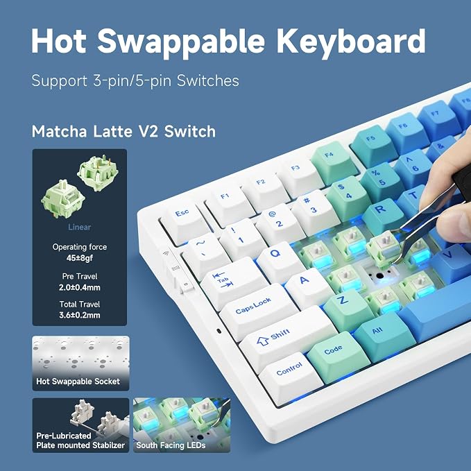 MCHOSE G75 PRO 75% Wireless Mechanical Keyboard, TKL Keyboards Tri-Mode BT5.0/2.4GHz/USB-C, Hot Swap Custom Creamy Keyboards Linear Switch, Double Shot PBT Keycaps RGB LED Backlit, White&Blue - Image 5