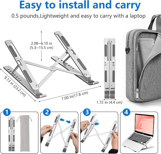 Laptop Stand for Desk, Aluminum Metal MacBook Stand，Computer Riser for Desk, Portable Foldable Adjustable Notebook Holder, Compatible with 10-15.6 Inch Laptops, iPad, Silver. - Image 2