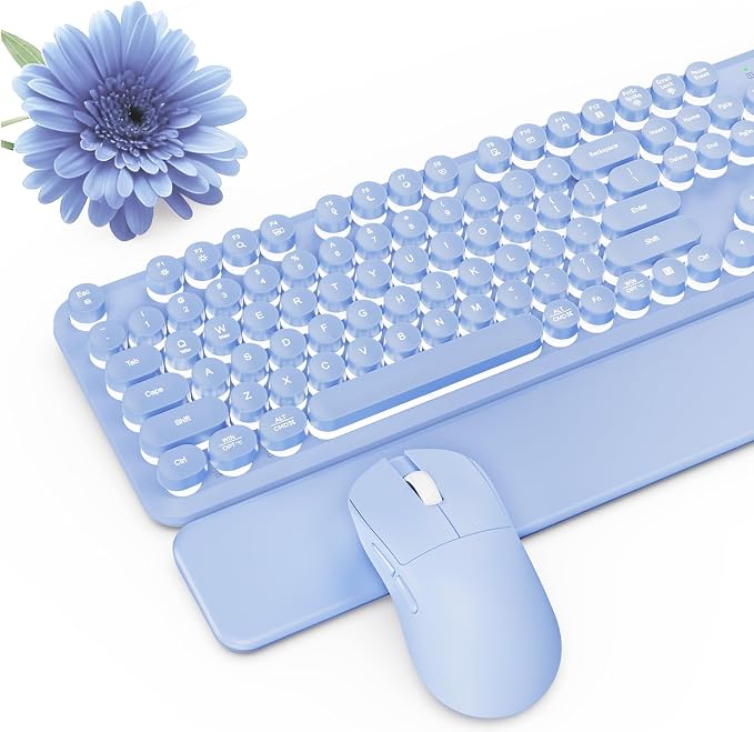 Wireless Keyboard and Mouse Combo, Backlit Round Keycaps, Retro Typewriter Keyboard with Detachable Wrist Rest, Rechargeable & Tilt Legs, 2.4GHz Cordless Connection for Windows/PC (Glowing Purple) | Rechargeable & Tilt Legs, Full-Size Typewriter-Style,... - Image 9