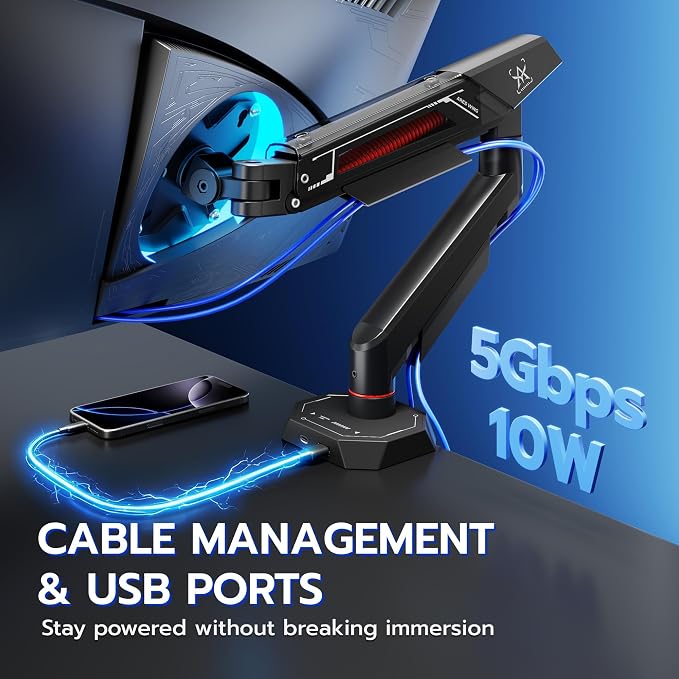 ARES WING 17-40 Inch Heavy Duty Single Monitor Arm with USB, Black | Fully Adjustable Monitor Mount for Flat Curved Ultrawide Screens Up to 26.5lbs, C-Clamp & Grommet Base, 75/100 Vesa Mount - Image 5