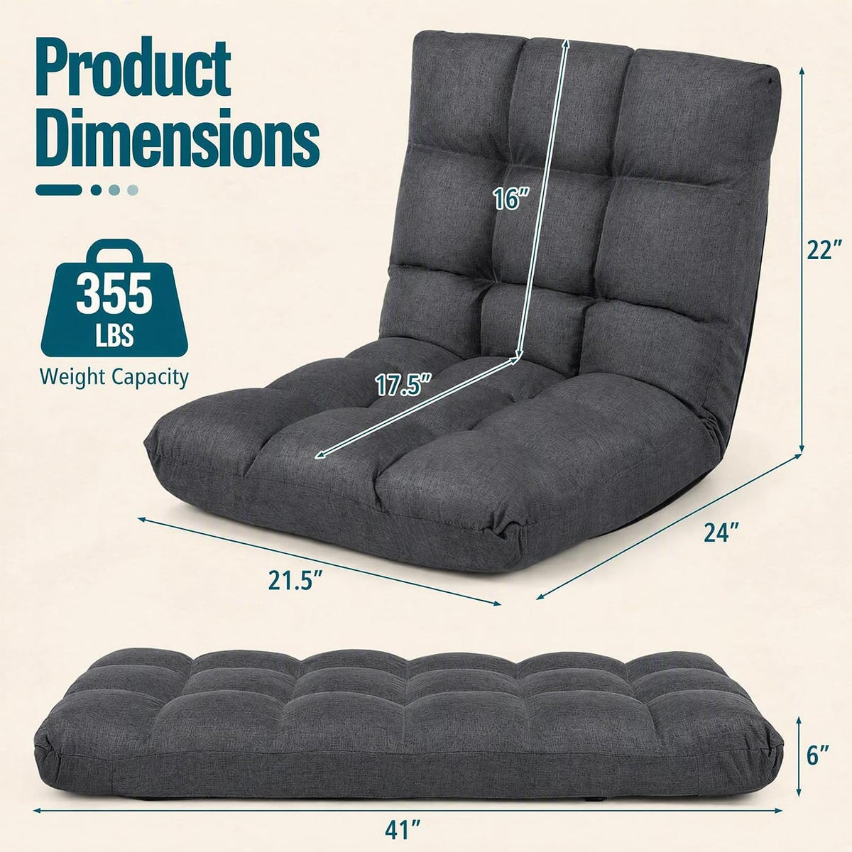 MEDIMALL Adjustable Floor Chair, Gaming Chair w/ 14-Angle Backrest, Grey - Image 3