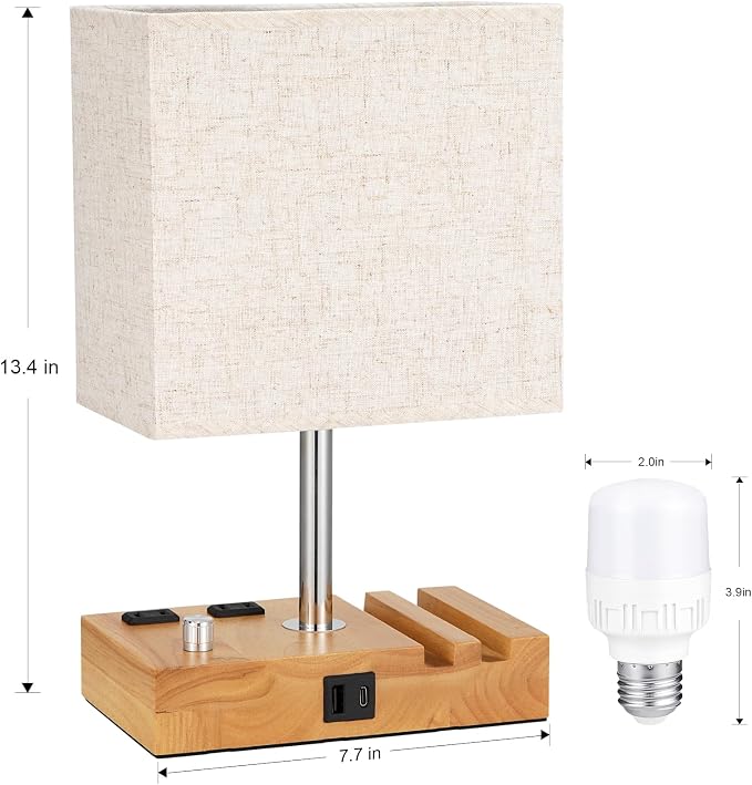 Wood Grain Table Lamp for Bedroom, Stepless Dimmable, USB C+A, 2 AC Outlets | Dimming By Rotary Knob, USB C+A Ports, 2 Phone Stands, LED Bulbs Included, Rectangle Beige Lampshade, for Living Room, Desk - Image 2
