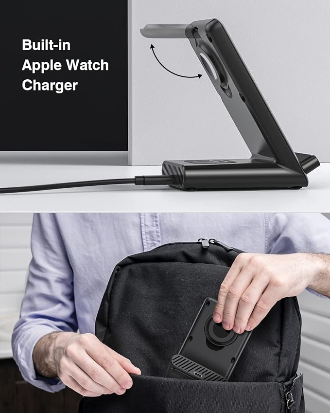 Wireless Charging Station,3 in 1 Charging Stand for Apple Multiple Devices | Fast Wireless Charger for Apple Watch Ultra 11 10 9 8 7 6 SE 5 4 3, for iPhone 17/Air/16/15/14/13/12,for AirPods Pro (Black) - Image 4