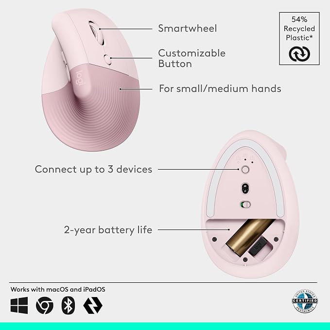 Logitech Lift Vertical Ergonomic Wireless Mouse - Rose | Connect via Bluetooth or included Logi Bolt USB-A receiver, quiet clicks, 4 of 6 buttons customizable, Windows Mac compatible - Image 6