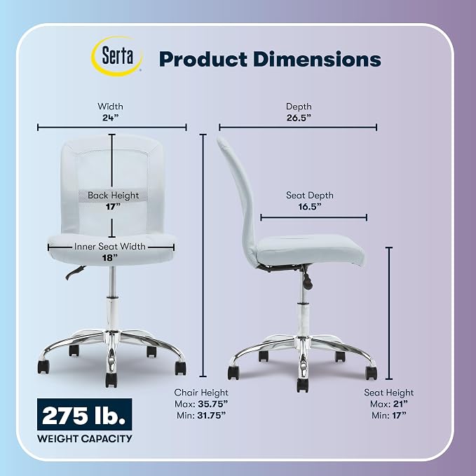 Serta Armless Small Home Desk Chair with Wheel, Ergonomic Mesh Office Chair | Essentials, Leather & Foam Cushioned Seat, Adjustable Height, Vanity Chair for Bedroom & Small Space, 360° Swivel, Sky Blue - Image 3