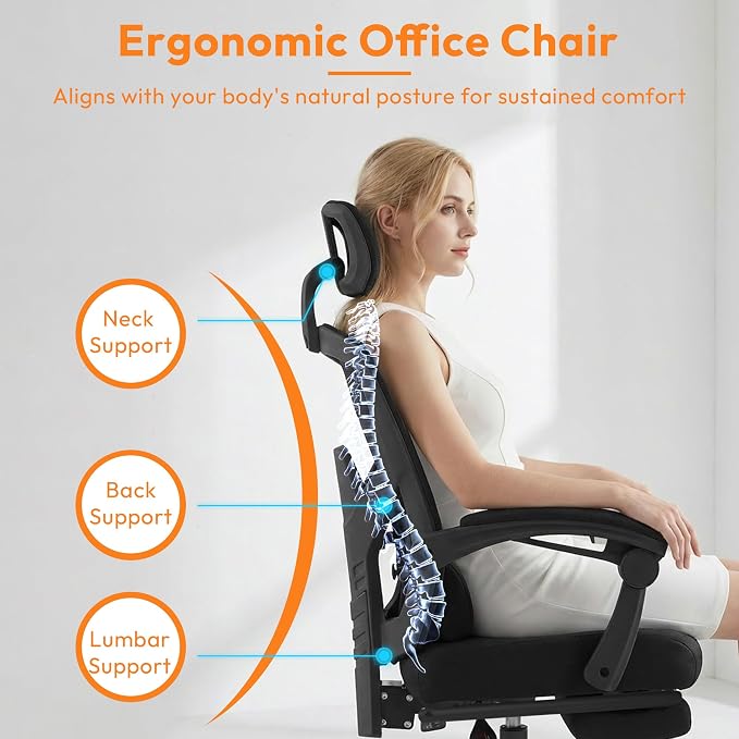 Desk Chair with Foot Rest, High-Back Mesh Office Chair with Wheels, Black | Reclining Gaming Chair with Headrest and Adjustable Lumbar Support, 90°-130° Reclining, for Home Office and Gaming - Image 7