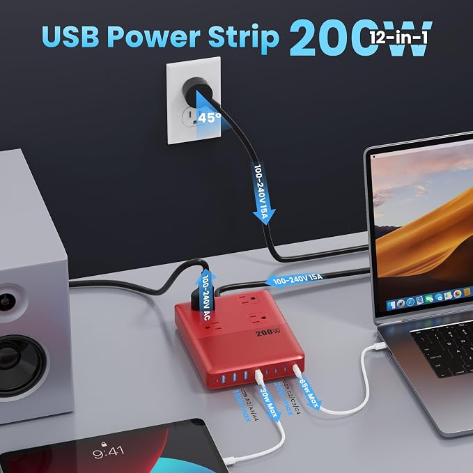 12-in-1 Charging Station USB C Power Strip with 5ft Cord,200W GaN IV USB C Charger Block,4 AC Outlets,8 USB for MacBook,iPhone 16/15/14,Fast Charging Desktop Charger for Office (Red) - Image 6