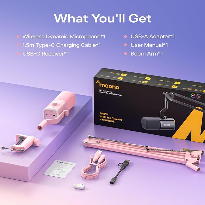 MAONO PD100W Wireless Dynamic Gaming Microphone for PC with USB-C Receiver | One-Click Noise Reduction,Custom RGB,Mute,Monitoring, Companion App,Boom Mic Set for Game Streaming Discord Podcasting, Pink - Image 9