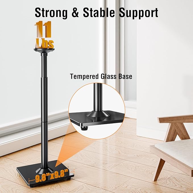 ELIVED Speaker Stands Pair for Sonos Era 100 and Sonos One, One SL, Play:1 | 35"- 43.4" Height Adjustable Speaker Stand for Surround Sound, Cable Management, Tempered Glass Base, 11 LBS Loading - Image 6