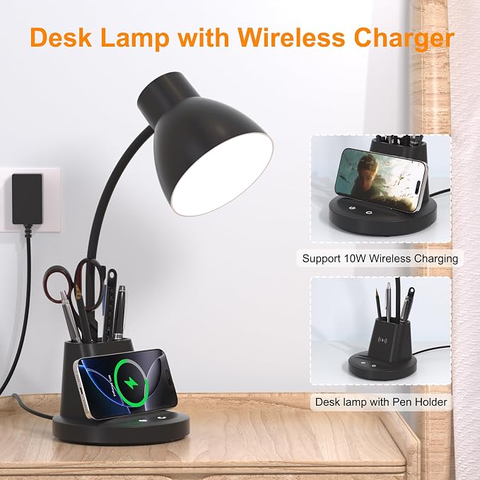 10W Wireless Charging LED Desk Lamp with Pen Holder, CRI 95, Black | 800LM, 3 Modes, 360°Flexible Arm, Touch, Brightness, Table Lamp for Home Office, Dorm, Bedside, Study, Reading, with Adapter - Image 2