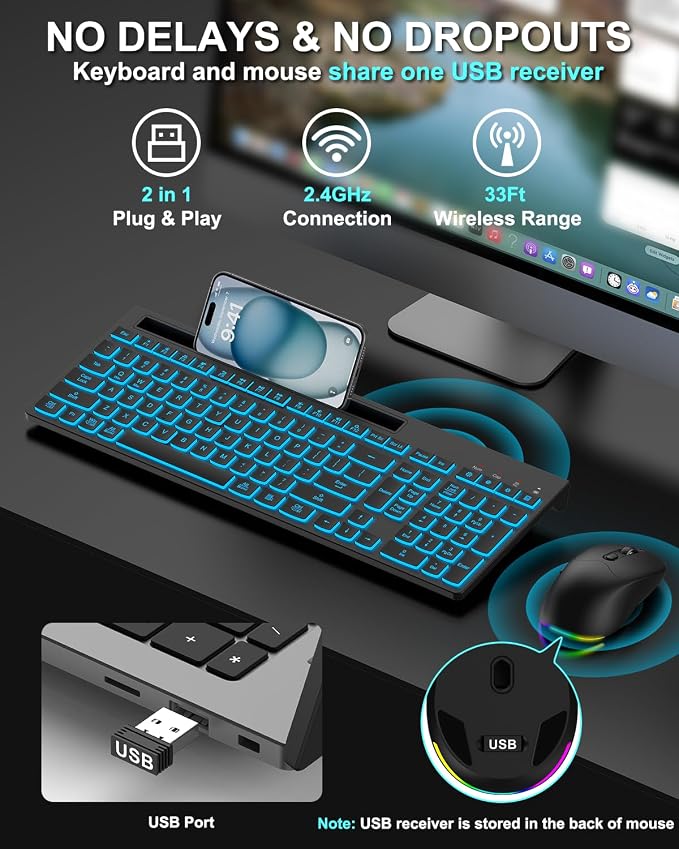 Wireless Keyboard and Mouse Combo, 7 Backlit Effects, Light Up Letters, Rechargeable, Phone Holder, 6 Button Mouse, Ergonomic Tilt Angle, 2.4GHz Silent USB Keyboard Mouse for Laptop, PC - Image 5