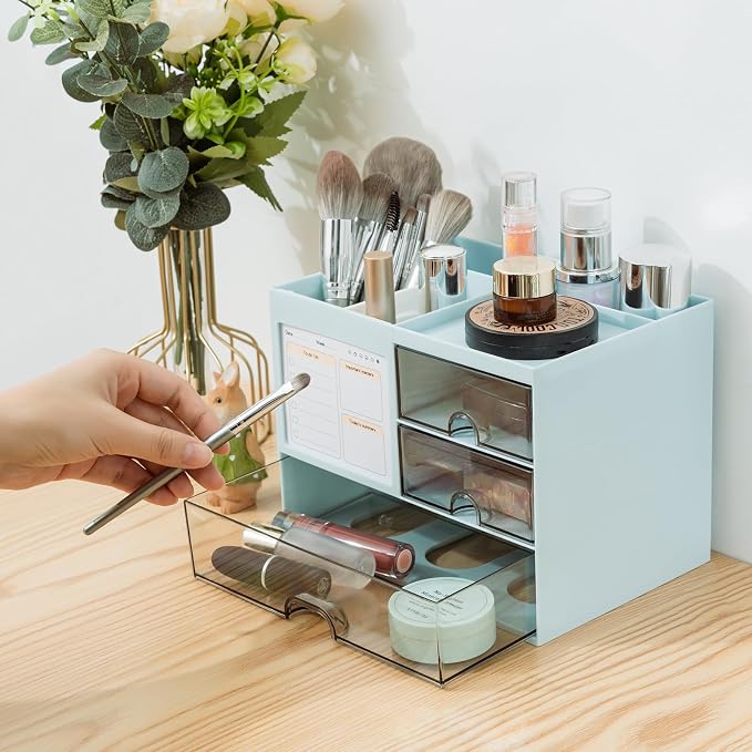 QIYVLOS Desk Organizer with 3 Drawer, Multi-Functional Pencil Pen Holder for Desk, Desk Organizers and Storage with 8 Compartments, Desktop Organizer for Office Home Art Supplies (Blue) - Image 5