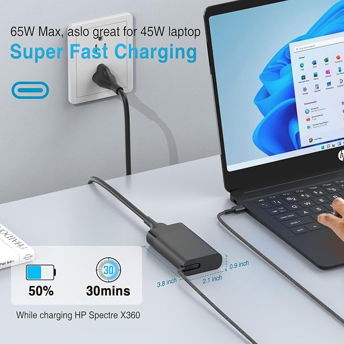Laptop Charger for HP Spectre Envy Elite EliteBook X360 X2 2-in-1 Chromebook Pavilion Dragonfly, New Slim 65W 45W USB C Charger 10FT, Universal Type C Power Adapter, Super Durable, Original Quality - Image 2