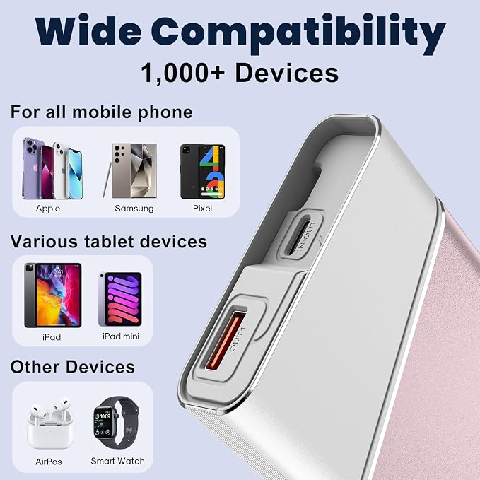 Aaoyun 20000mAh Portable Charger, 22.5W PD Fast Charging Power Bank with Built-in USB C Cable, Slim External Battery Pack Compatible with iPhone 17 16 15 Pro Max, Plus, Samsung S24 Ultra, iPad, Pink - Image 4