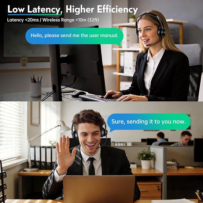 Wireless Headset with Mic for Work, Dual-Mode Headphones 50H Talk | ENC Noise-canceling Microphone, Bluetooth& 2.4GHz Dongle, Clear Calls & Mic Mute, for Laptop, PC, Phone, Office, Call Center - Image 5
