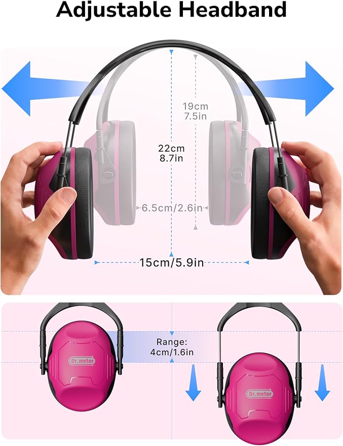 Dr.meter Hearing Protection Ear Muffs, Ear Protection for Adults Kids 34dB | NRR28dB Noise Cancelling Headphones for Range, Mowing, Woodworking, Noise Reduction Earmuffs for Concerts, Kids Autism - Image 8