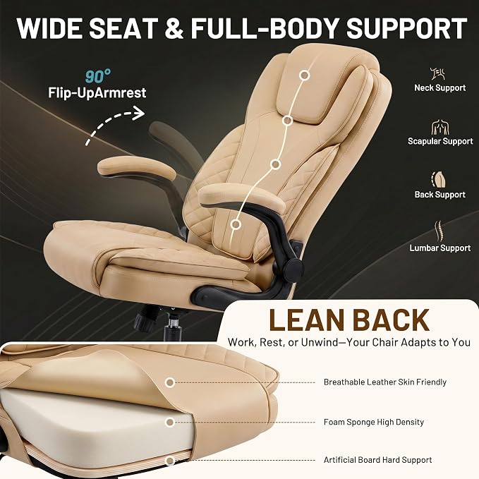 Ergonomic Office Chair, PU Leather High Back Executive Chair with Adjustable Inflatable Lumbar Support and Padded Flip-Up Arms, Recline Swivel Task Computer Chair for Home Office, Khaki - Image 8