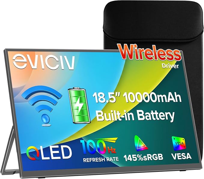 EVICIV Wireless Portable Monitor with 10000mAh Battery, 18.5" 100Hz (3-4H) | Support AirPlay, Miracast, 145% sRGB QLED, USB-C & HDMI, Sleeve & VESA, Second Screen for Laptop, Game Consoles by EVICIV
