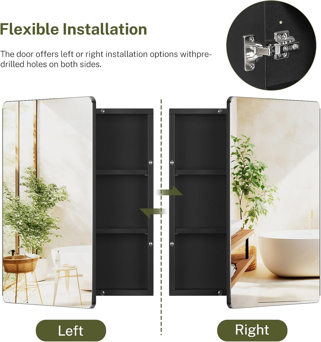 Medicine Cabinet Mirror with 2 Adjustable Shelves, Bathroom Mirror with Storage, Recessed or Wall Mount Bathroom Cabinet, Black - Image 4