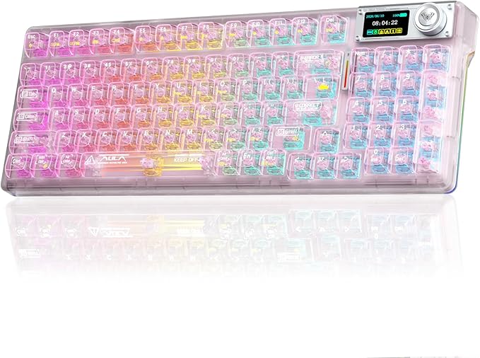 Aula F98Pro V3 Wireless Mechanical Gaming Clear Keyboard with Screen & Knob | Triple-Mode Hot Swappable, Gasket Mount Linear Switches, Clear Keycaps RGB Backlit, TFT Screen 10000mAh Battery for PC/Office by Strikonx