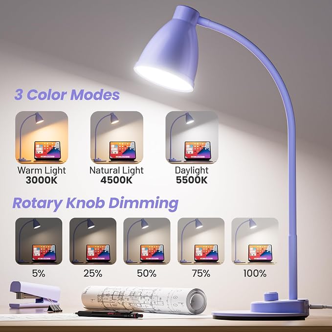 BOHON LED Desk Lamp with USB Charging Port, 3 Color Modes Dim, Lilac Purple | Reading Lamp, Auto Dimming Task Lamp, Flexible Neck Table Light for Office Dorm Bedside, Adapter Include - Image 2