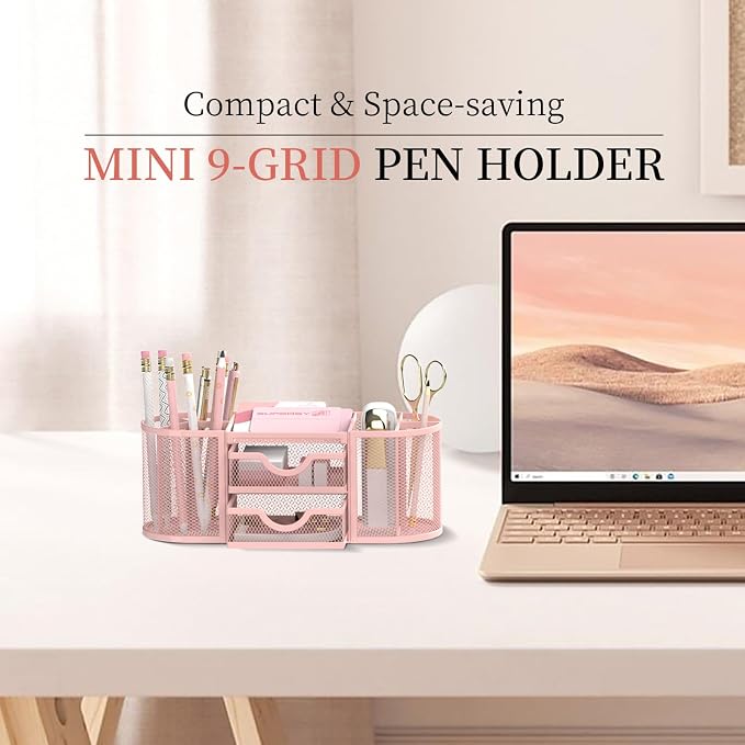 Mesh Desk Organizer, Pen Holder for Desk with 2 Drawers, Pink | Desk Organizers and Accessories with 8 Compartments and 2 Drawers, Pencil Holder for Desk for Small Office Supplies - Image 2