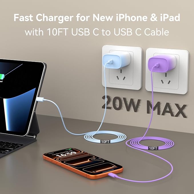 Phone 17 16 15 Charger Fast Charging, 10 FT Long USB C Charger Cord with 20W Type C Fast Phone Charging Block forPhone 17/17 Pro/17 Pro max/Air/Phone 16 15 Pro Max Plus, iPad, Android,Gradient Blue - Image 2