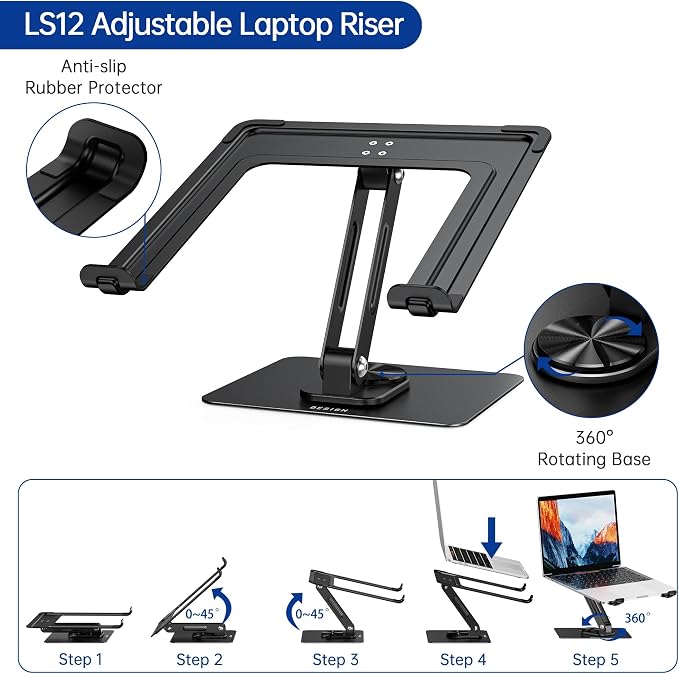 BESIGN LS12 Laptop Stand with 360° Rotating Base, Ergonomic Adjustable Notebook Holder, Computer Riser Stand Compatible with Air, Pro, Dell, HP, Lenovo More 10-14" Laptops (Black) - Image 6