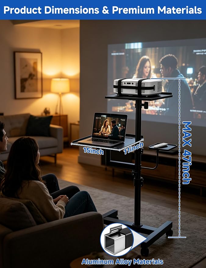 KOOV 2 Shelves Projector Stand, Max 47" Height Adjustable | Mobile Cart on Wheels, Projector Tripod Stand, Rolling Laptop Floor Stand, For Couch - Image 6