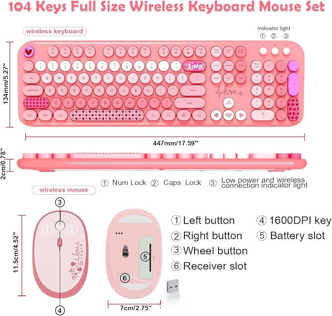 Wireless Keyboard Mouse,104 Full Size Cute Colorful Keyboard and Mouse with Retro Typewriter for PC/Mac/Laptop/Tablet/Computer/Windows/Microsoft, Pink | With Retro Keycaps for PC Mac Laptop Tablet Computer Windows Microsoft Wireless Keyborad Mouse - Image 7