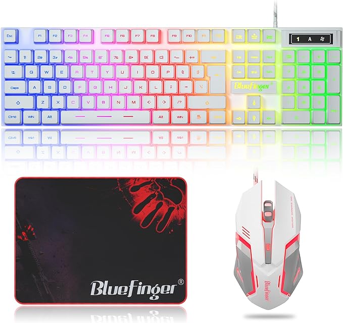 BlueFinger RGB Gaming Keyboard and Backlit Mouse Combo, USB Wired, LED Gaming Set for Laptop PC Computer Game and Work(White) by BlueFinger