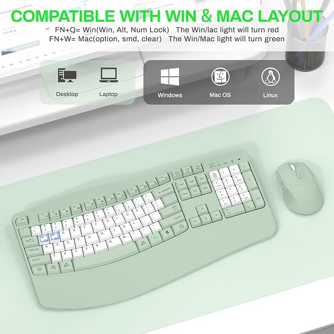 Wireless Keyboard and Mouse Combo,2.4G Ergonomic Wave Keys(Avocado Green-B) | Full Size Cordless Keyboard with Wrist Rest,3-Level DPI Ergonomic Mouse for Office and Home,Windows/Mac OS/Desktop/Laptop/PC - Image 2